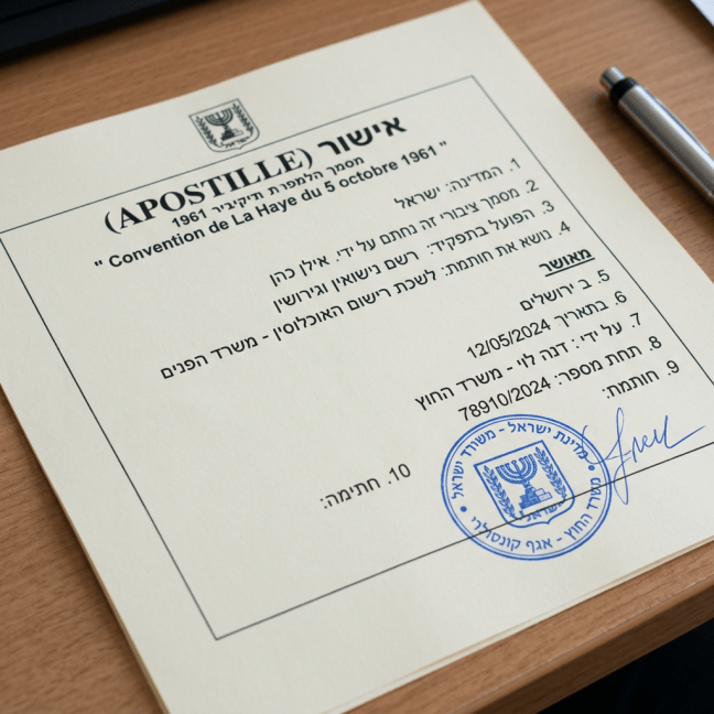 Apostille certification document with Hebrew text, official stamp, and signature